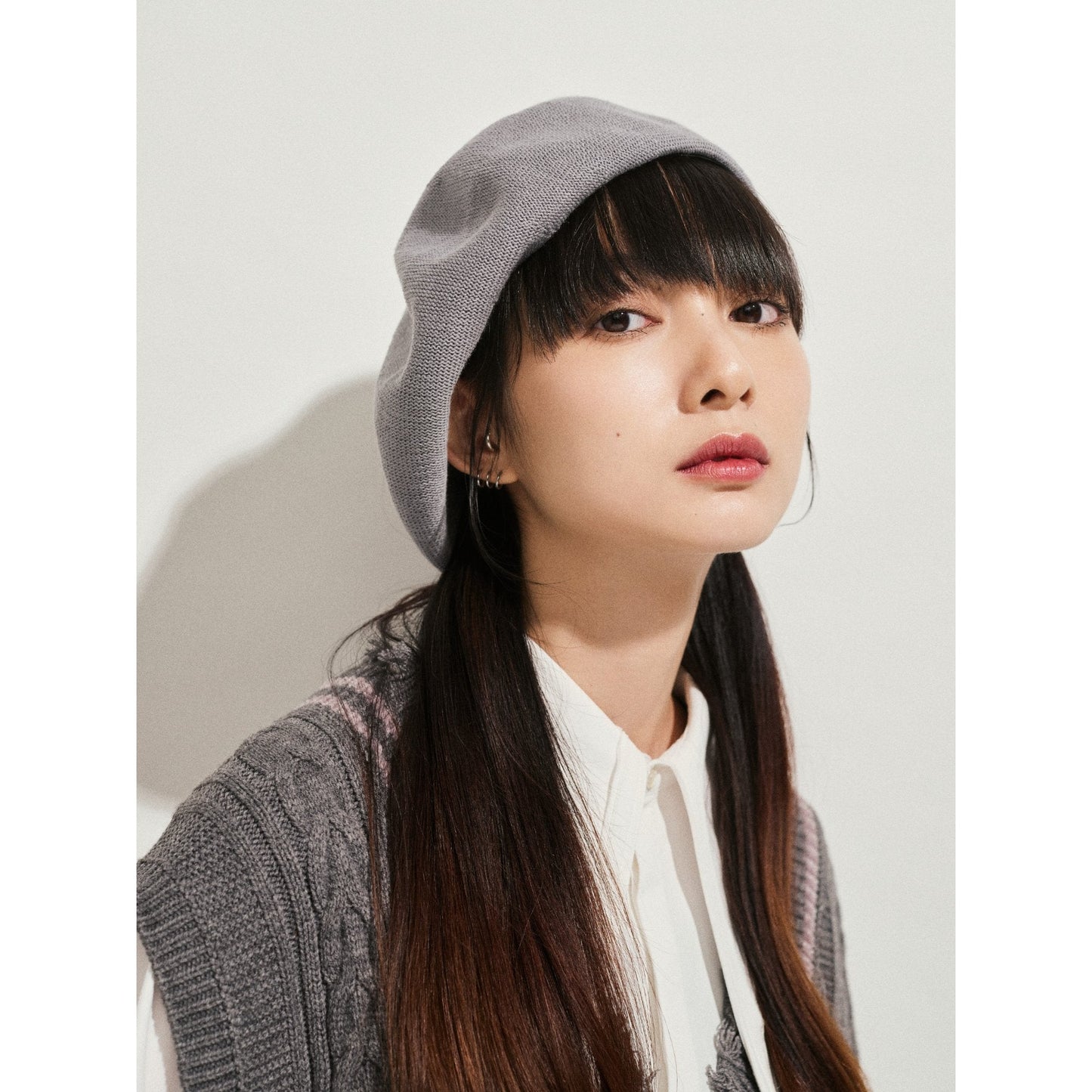 Women Button Detail Beret - Light Grey