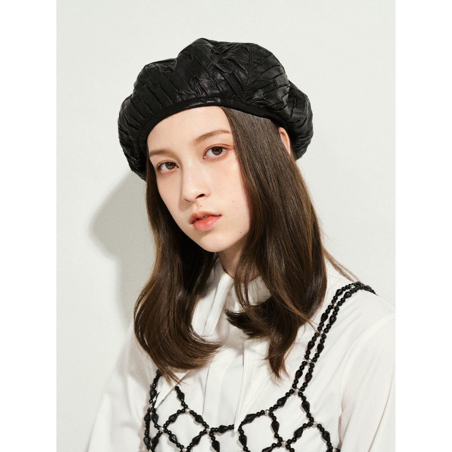 Women Pleated Faux Leather Beret - Black