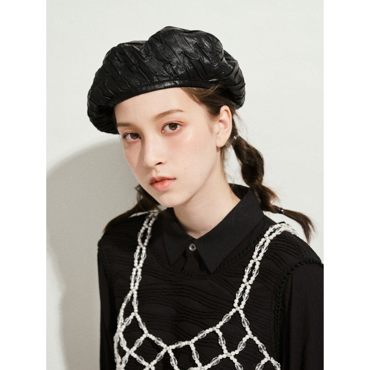 Women Pleated Faux Leather Beret - Black