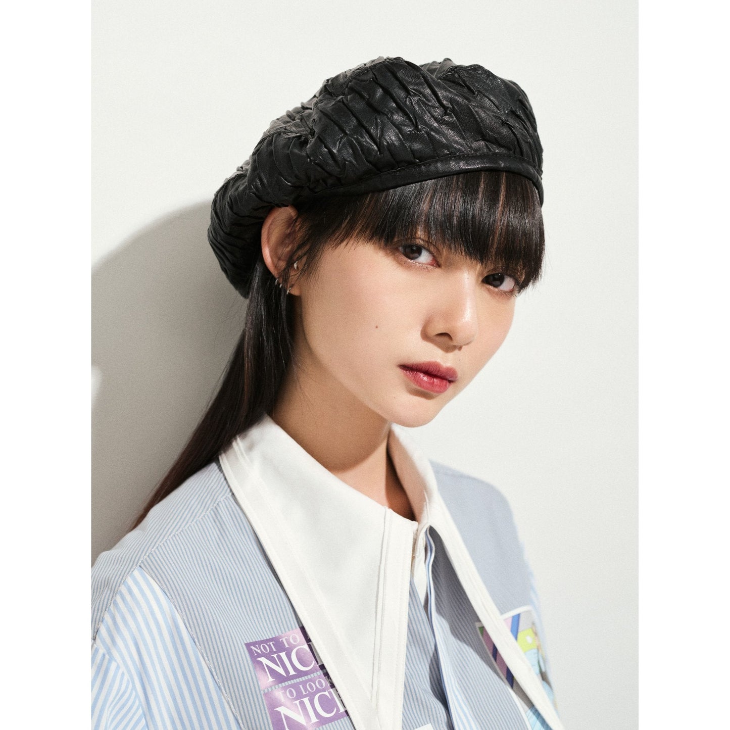 Women Pleated Faux Leather Beret - Black