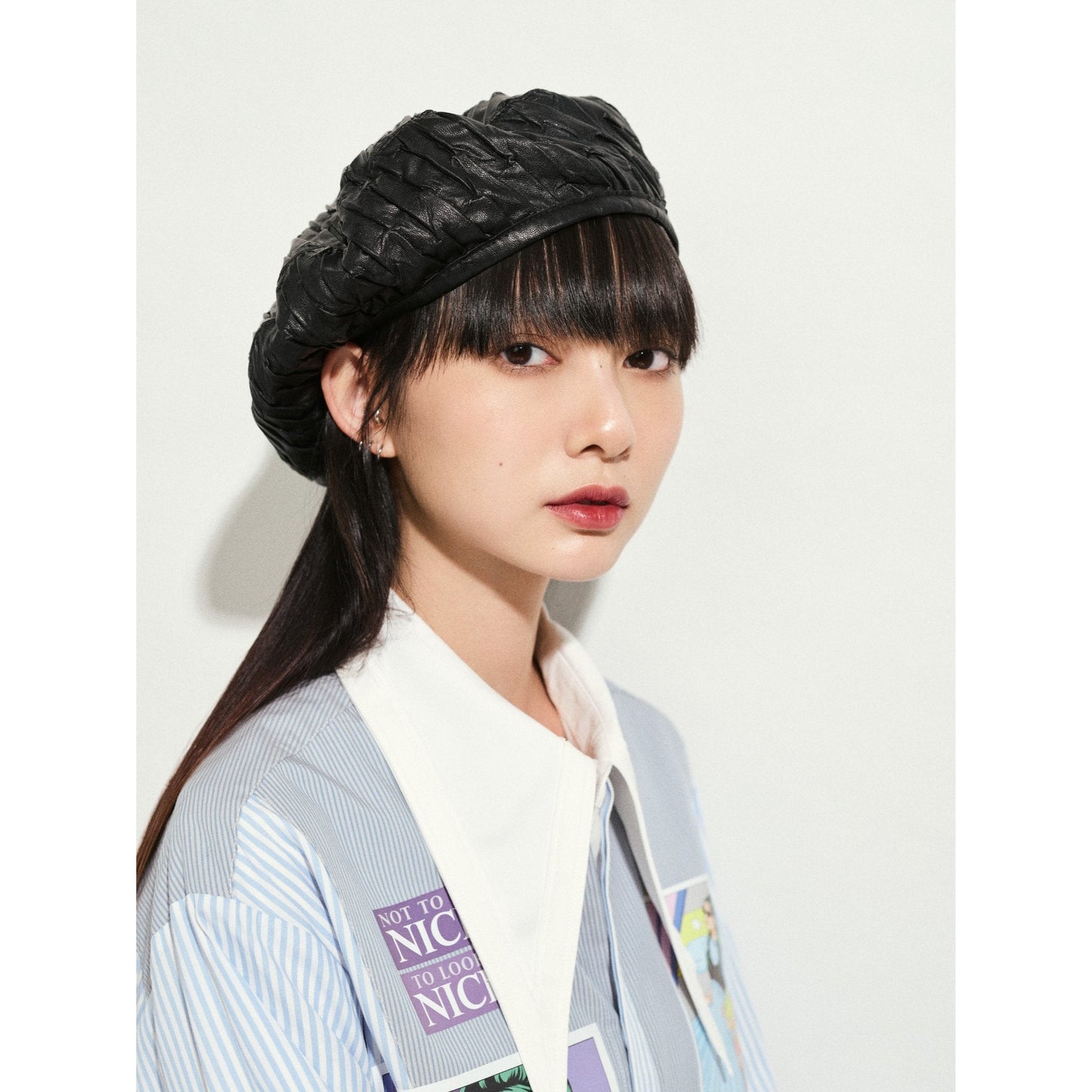 Women Pleated Faux Leather Beret - Black