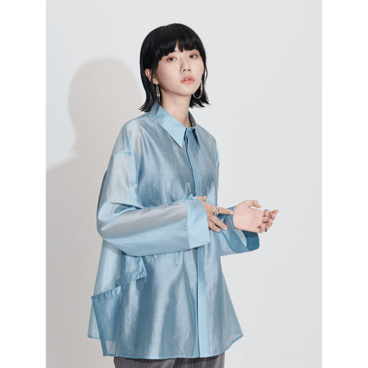 Women Oversize Silky Shirt - Light Blue