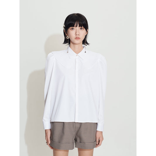 Women Double Collar Gigot Leg Sleeve Shirt - White
