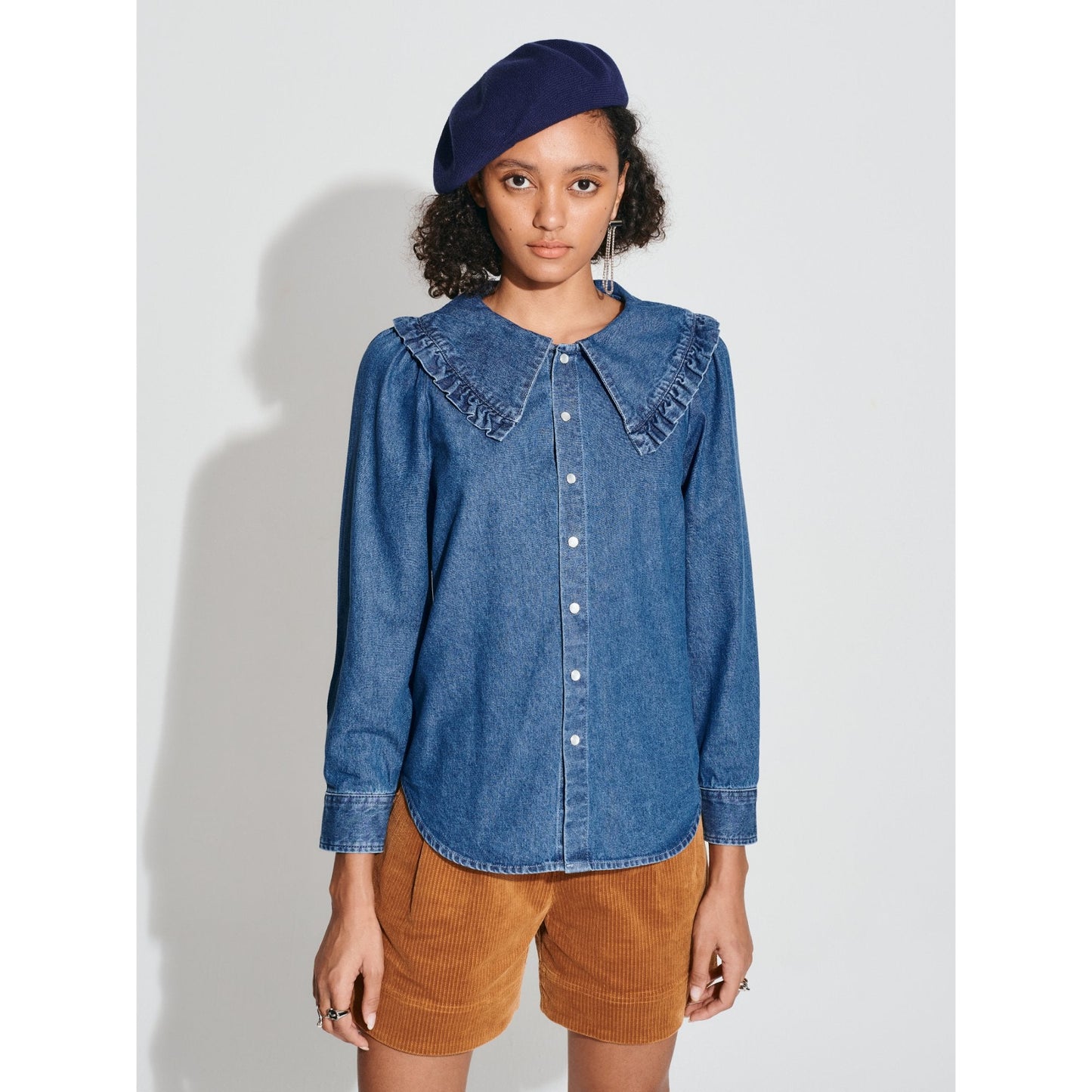 Women Dolly Puritan Collar Denim Shirt - Indigo