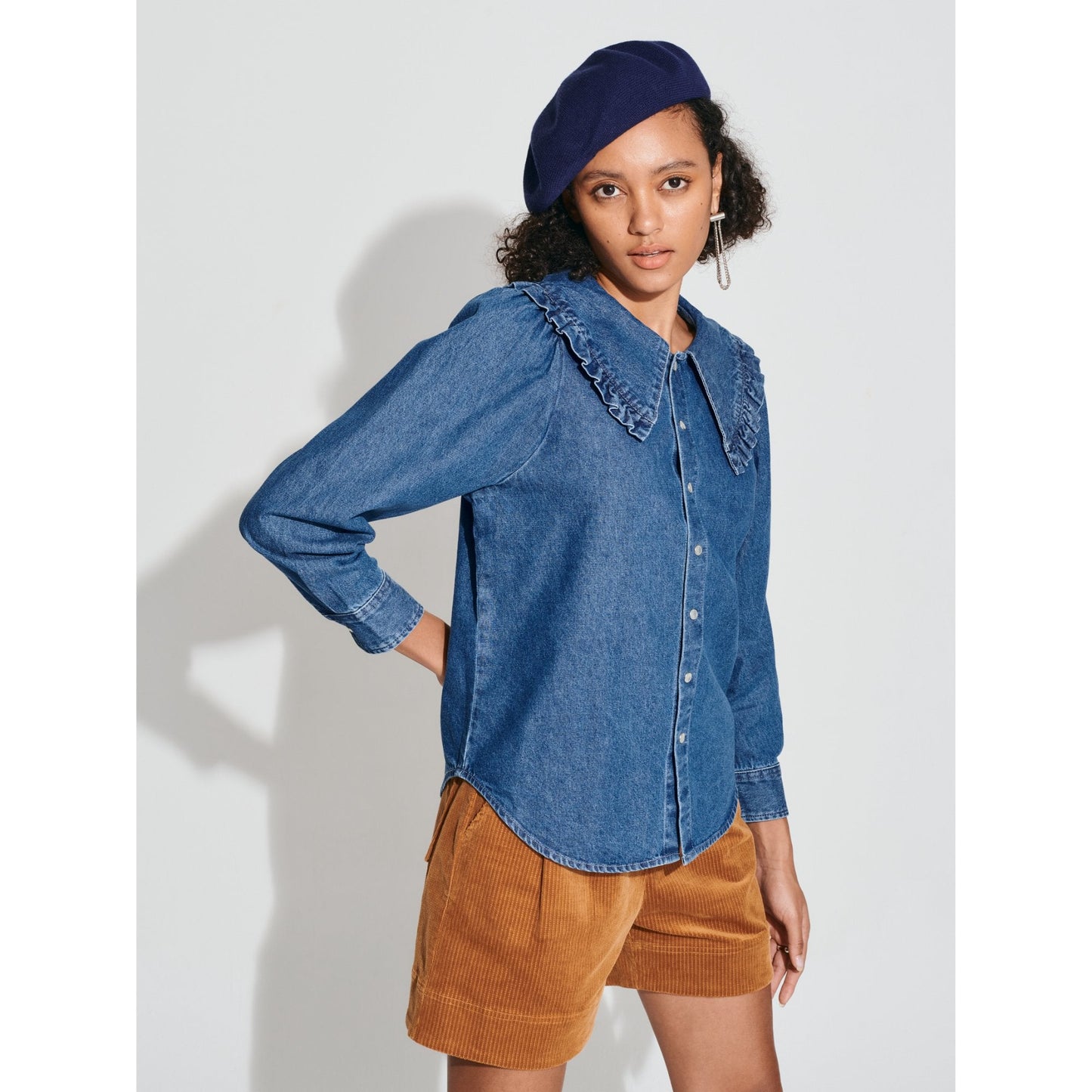 Women Dolly Puritan Collar Denim Shirt - Indigo