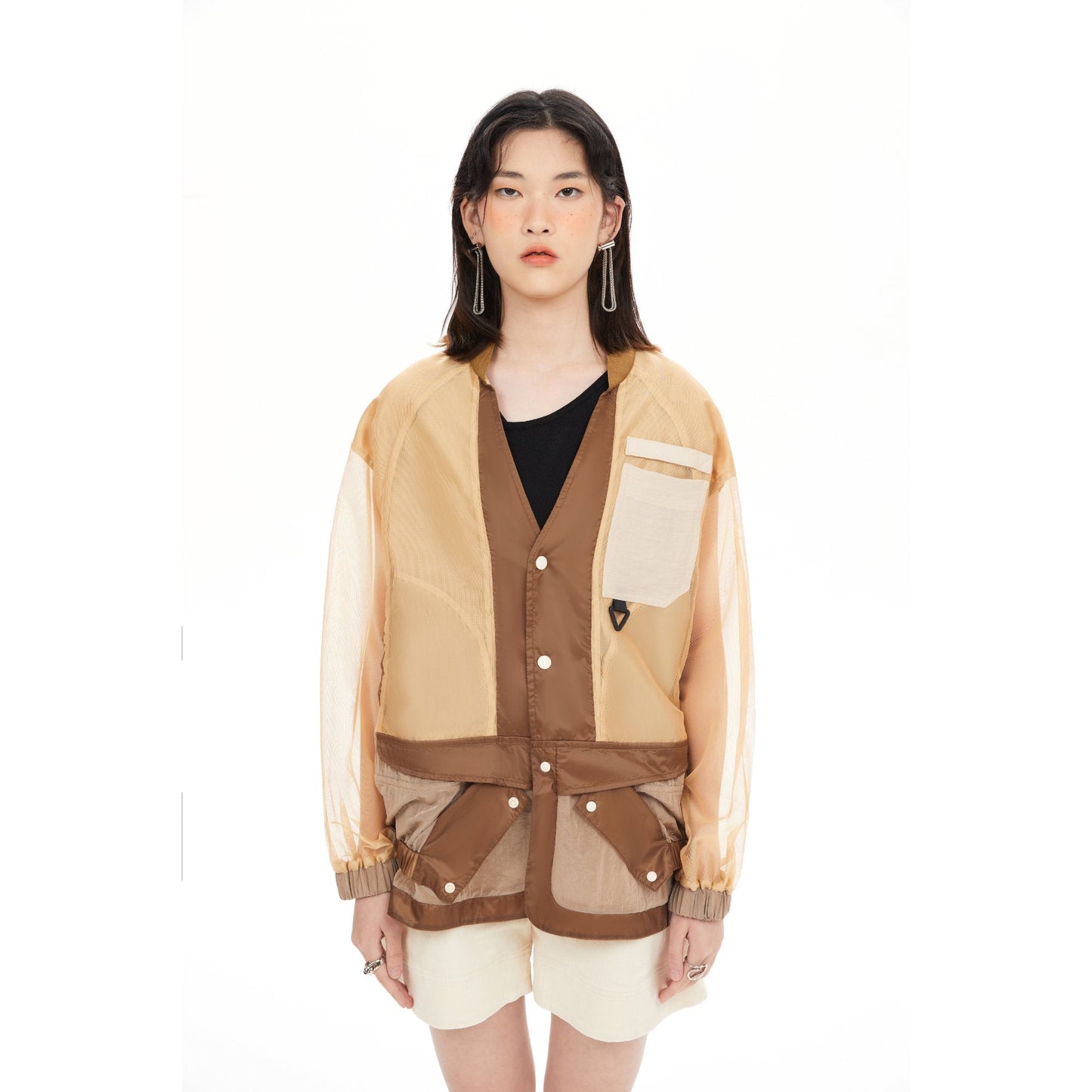 Women See Through Oversize Military Jacket - Khaki