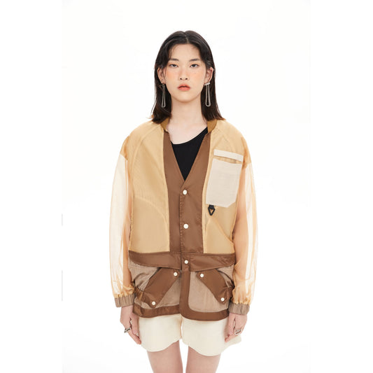 Women See Through Oversize Military Jacket - Khaki