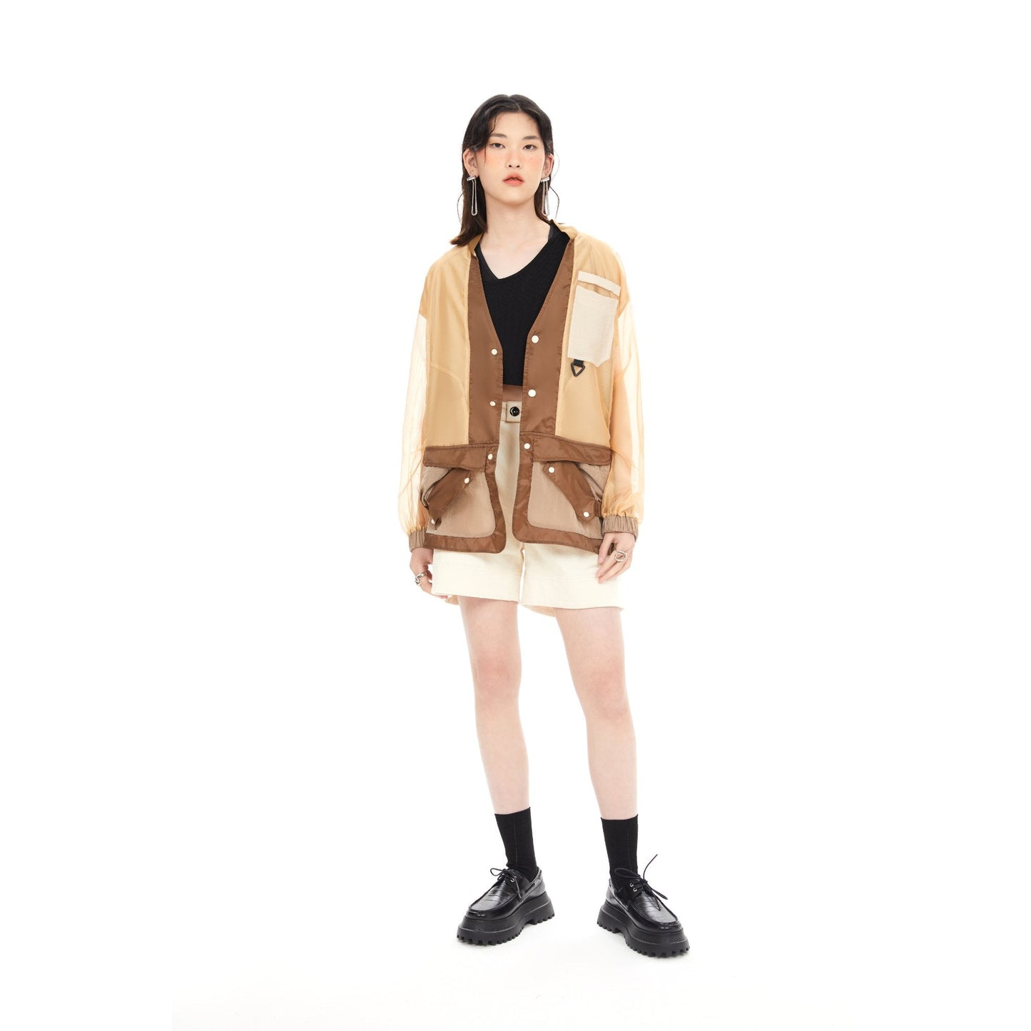 Women See Through Oversize Military Jacket - Khaki