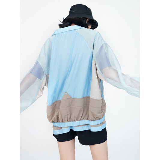 Women See Through Oversize Military Jacket - Light Blue