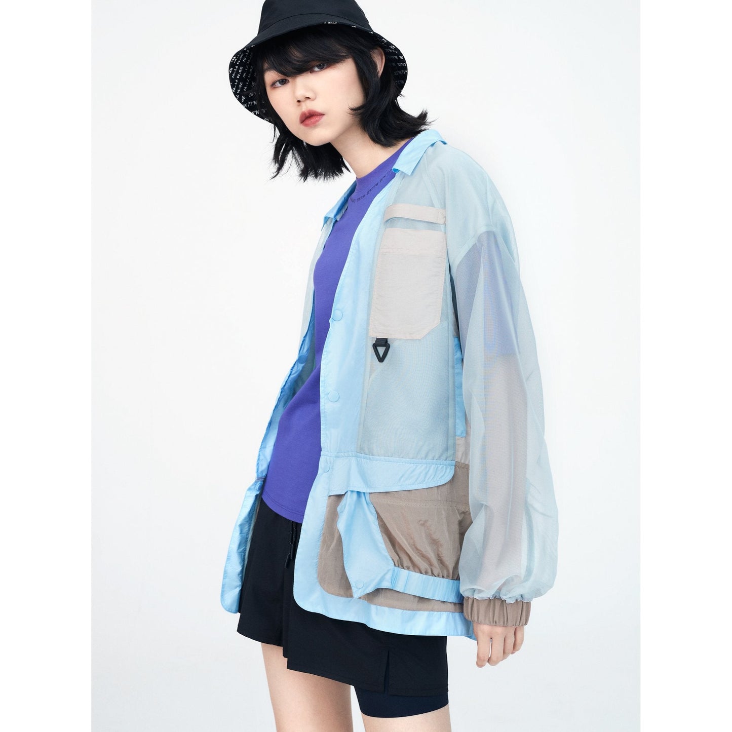 Women See Through Oversize Military Jacket - Light Blue