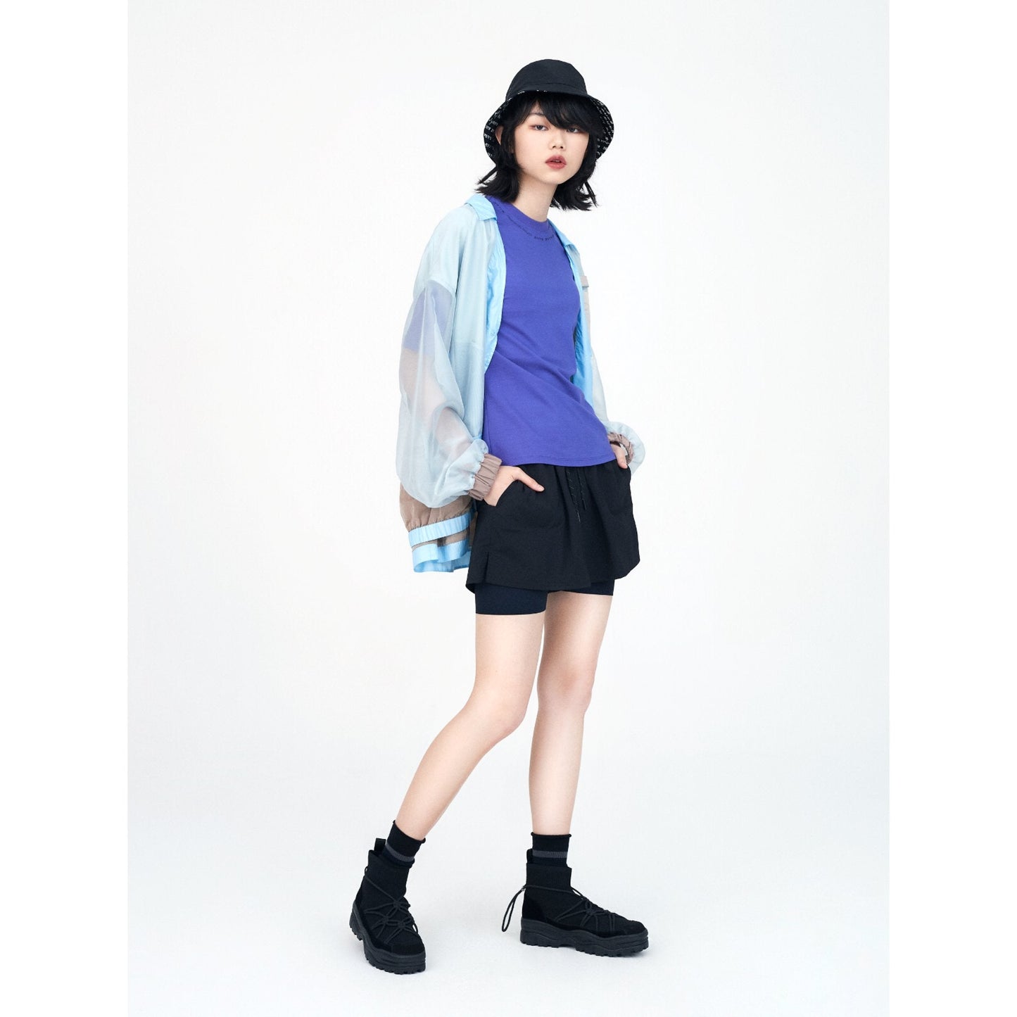 Women See Through Oversize Military Jacket - Light Blue