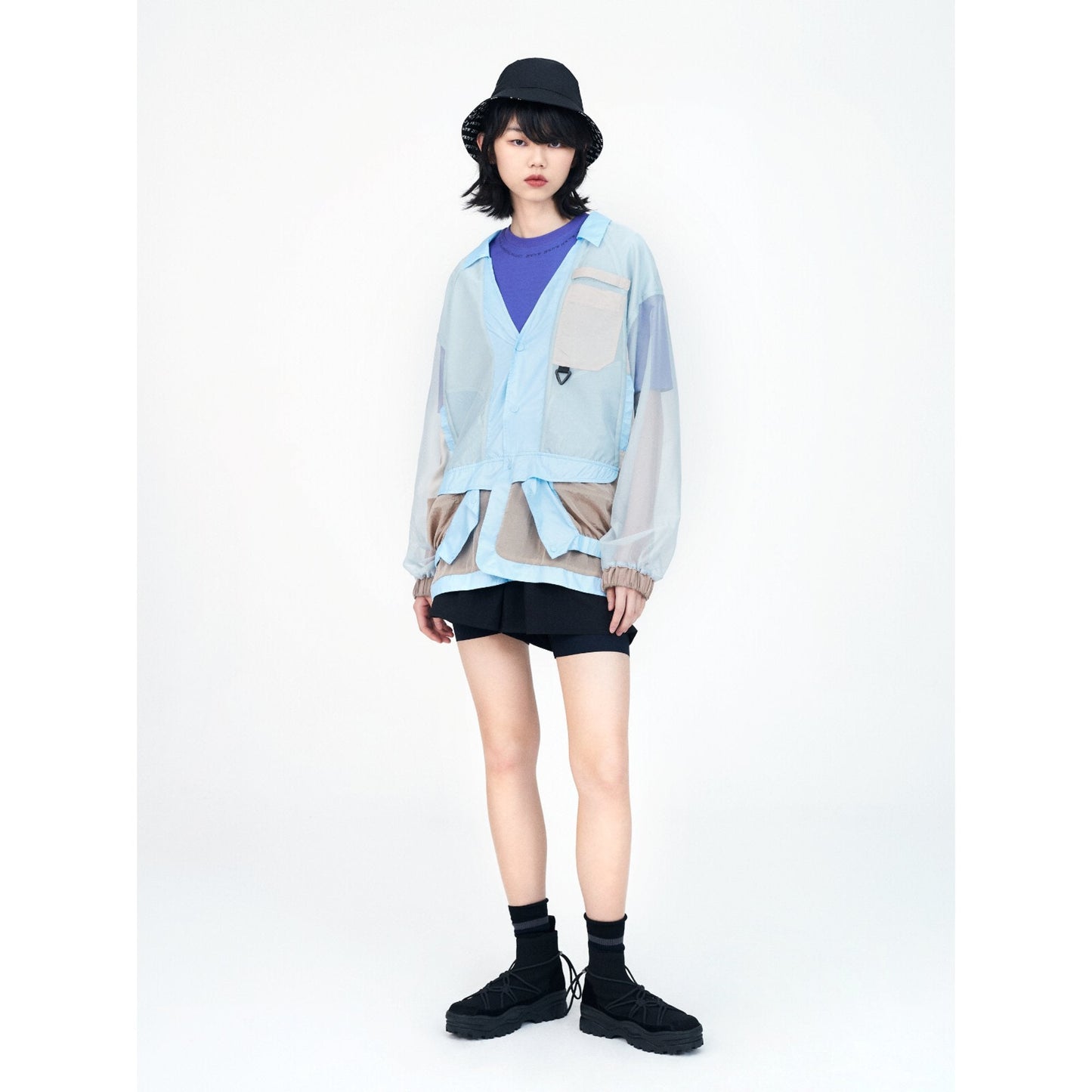 Women See Through Oversize Military Jacket - Light Blue