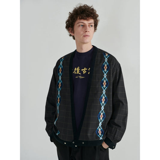 Men Pattern Embroidery Kimono - Navy