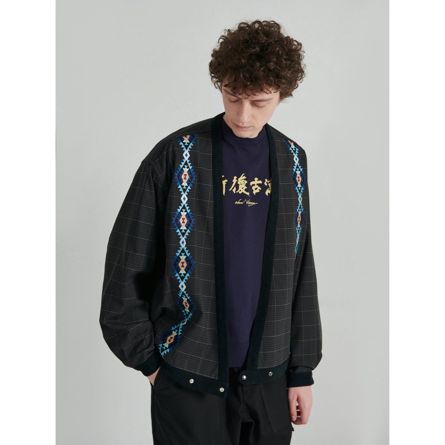 Men Pattern Embroidery Kimono - Navy