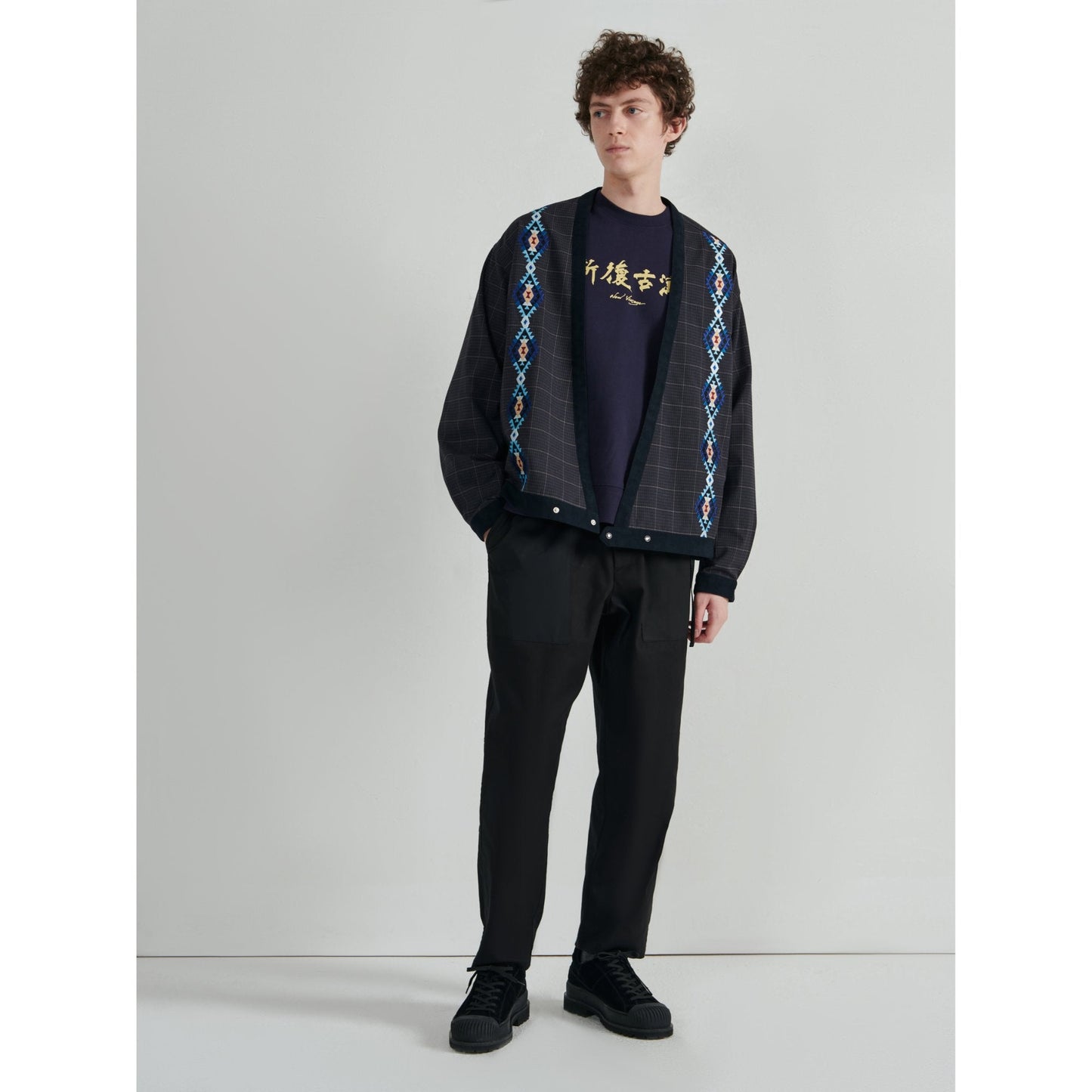 Men Pattern Embroidery Kimono - Navy