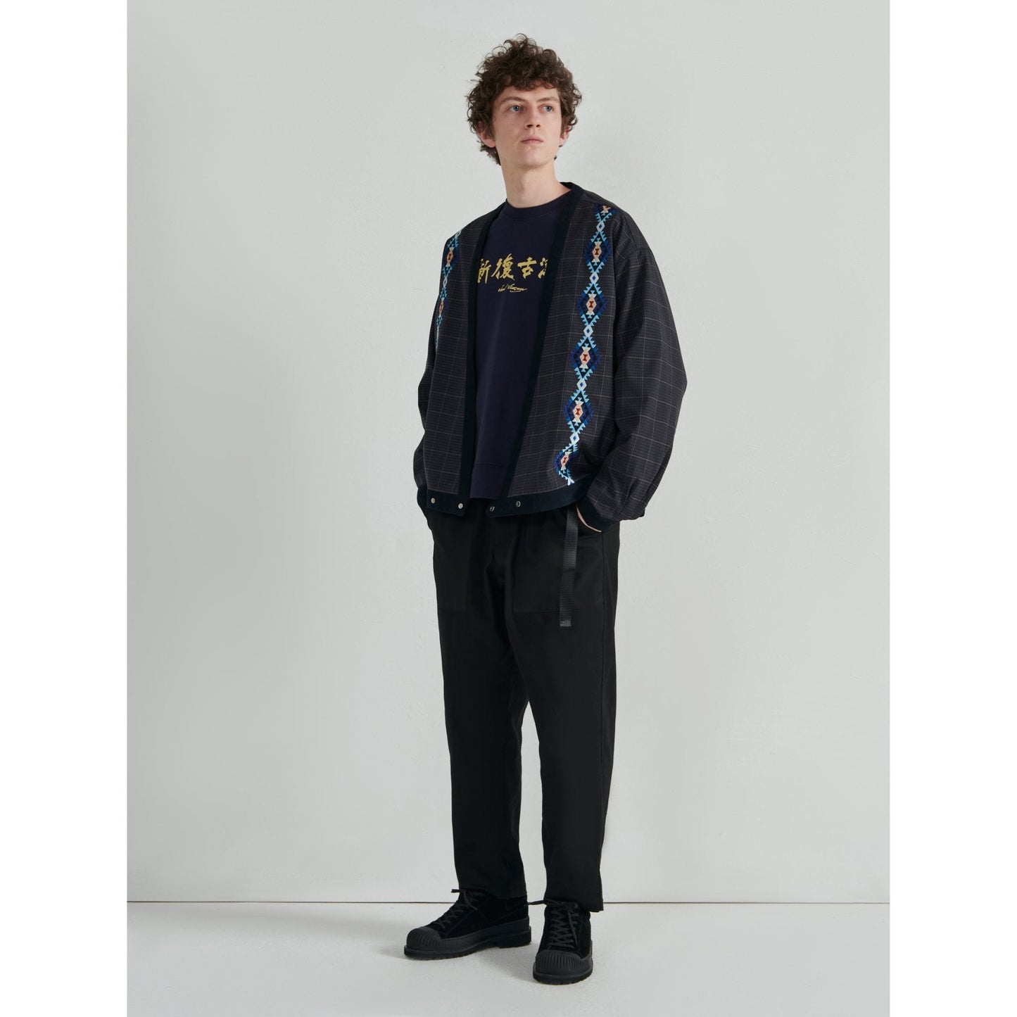Men Pattern Embroidery Kimono - Navy