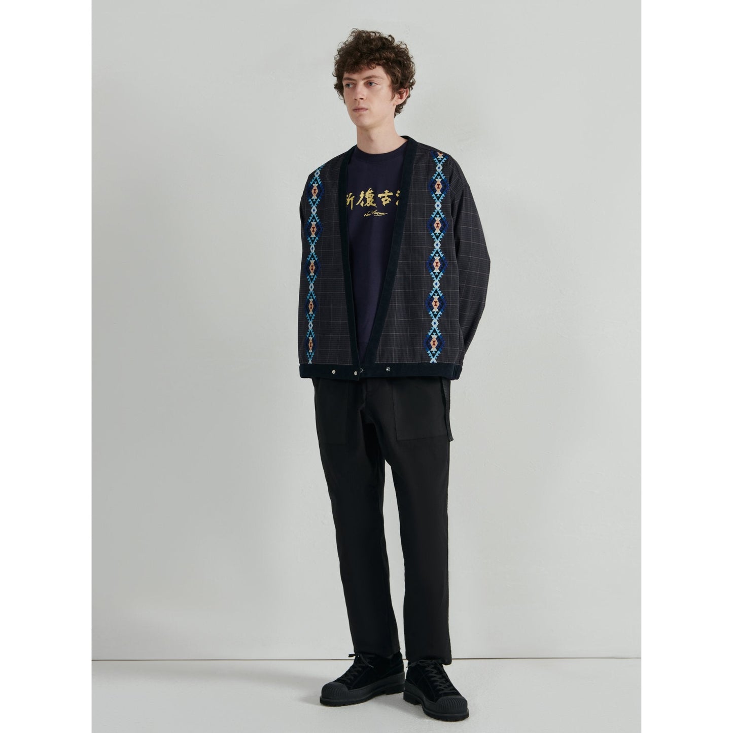 Men Pattern Embroidery Kimono - Navy