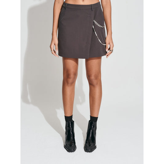 Women Detachable Pearl Chain Wrap Mini Skirt - Charcoal