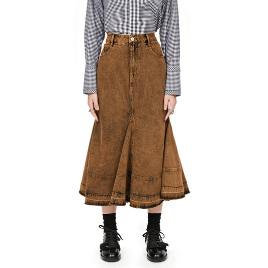 Women Vintage Colour Overdye Mermaid Denim Skirt - Brown