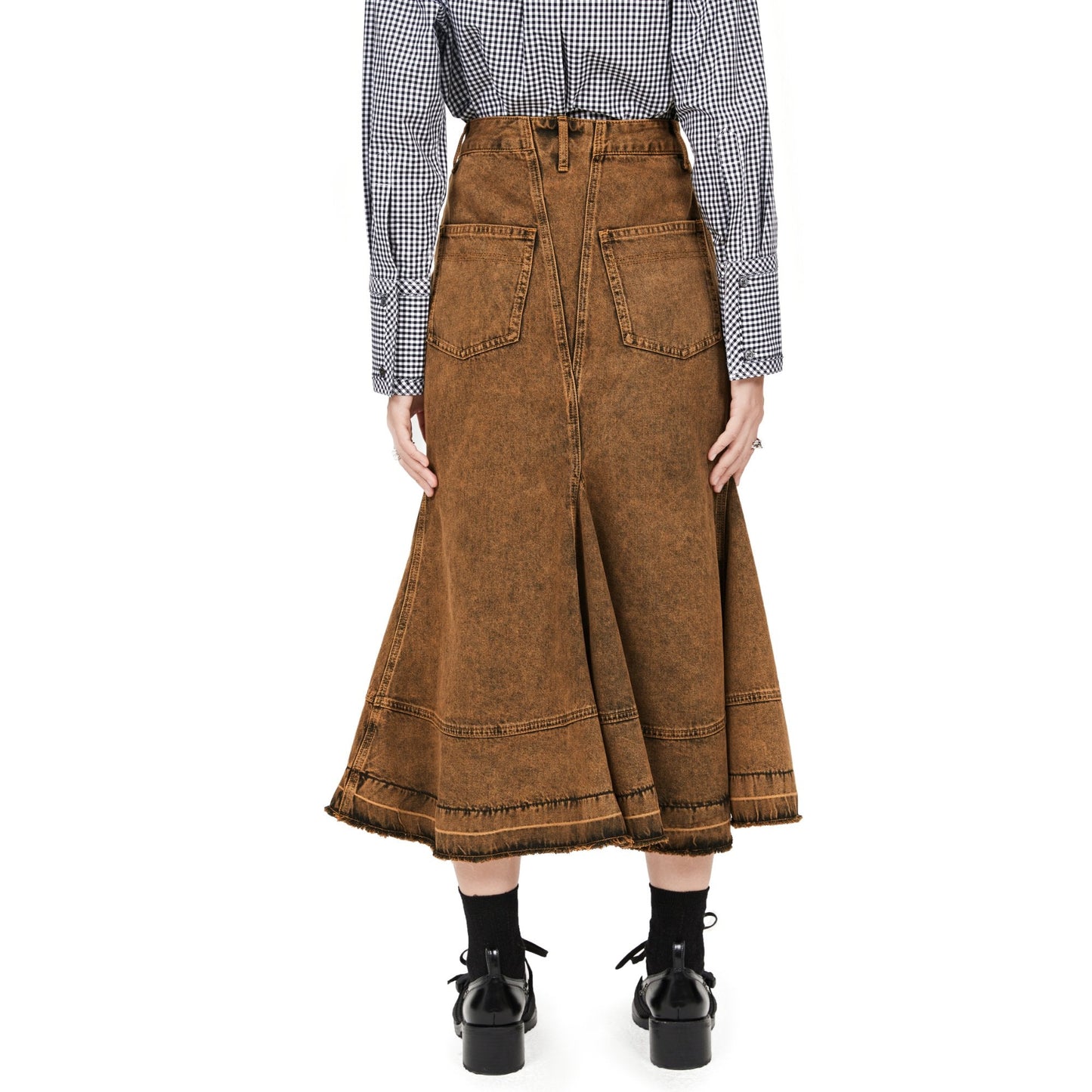Women Vintage Colour Overdye Mermaid Denim Skirt - Brown