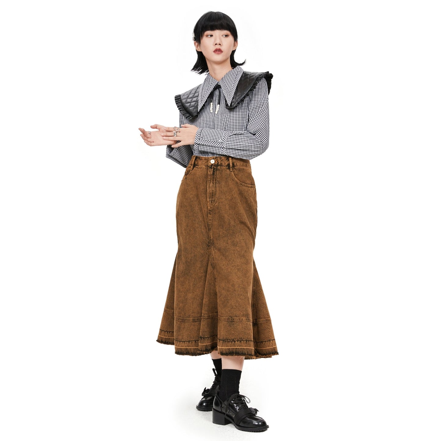 Women Vintage Colour Overdye Mermaid Denim Skirt - Brown