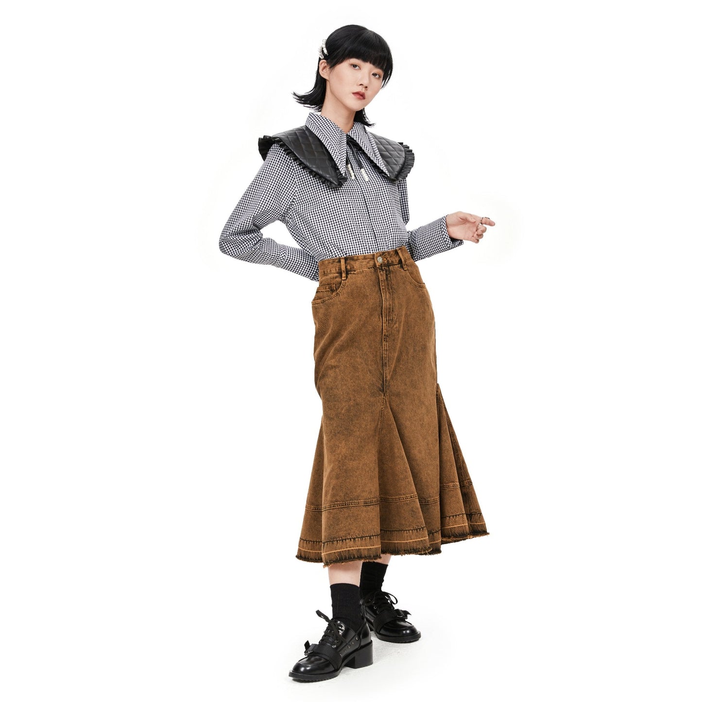 Women Vintage Colour Overdye Mermaid Denim Skirt - Brown