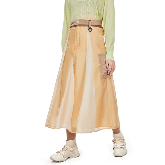 Women See Through Colour Blocking Military Skirt - Khaki