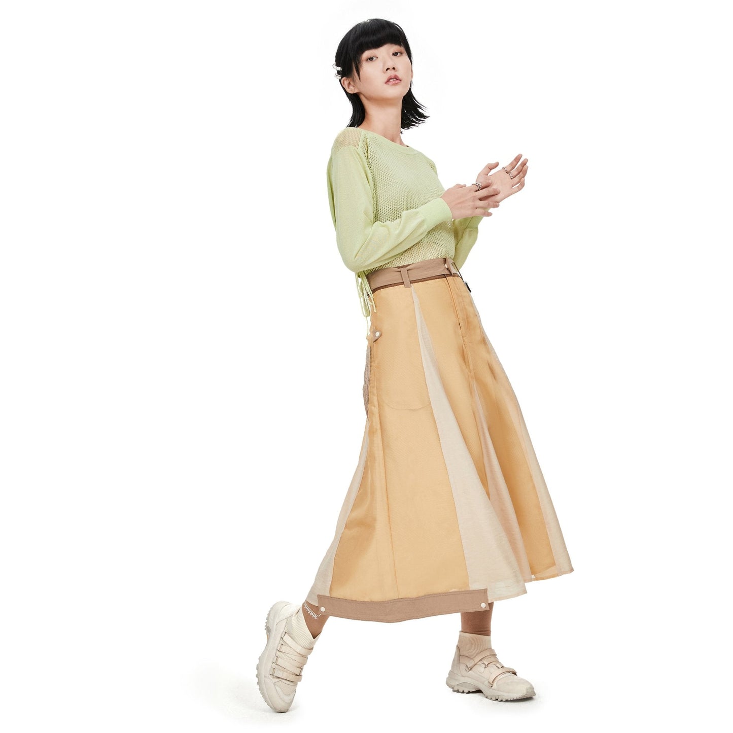 Women See Through Colour Blocking Military Skirt - Khaki