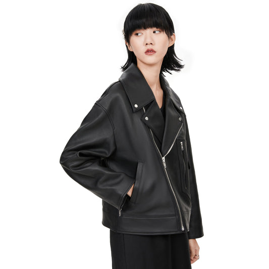Women Biker Leather Top - Black
