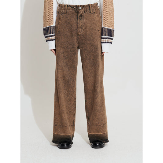Women Vintage Colour Overdye Denim Pants - Brown