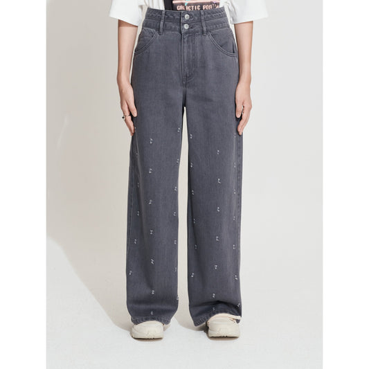 Women Punched Damage Wash Denim Pants - Charcoal