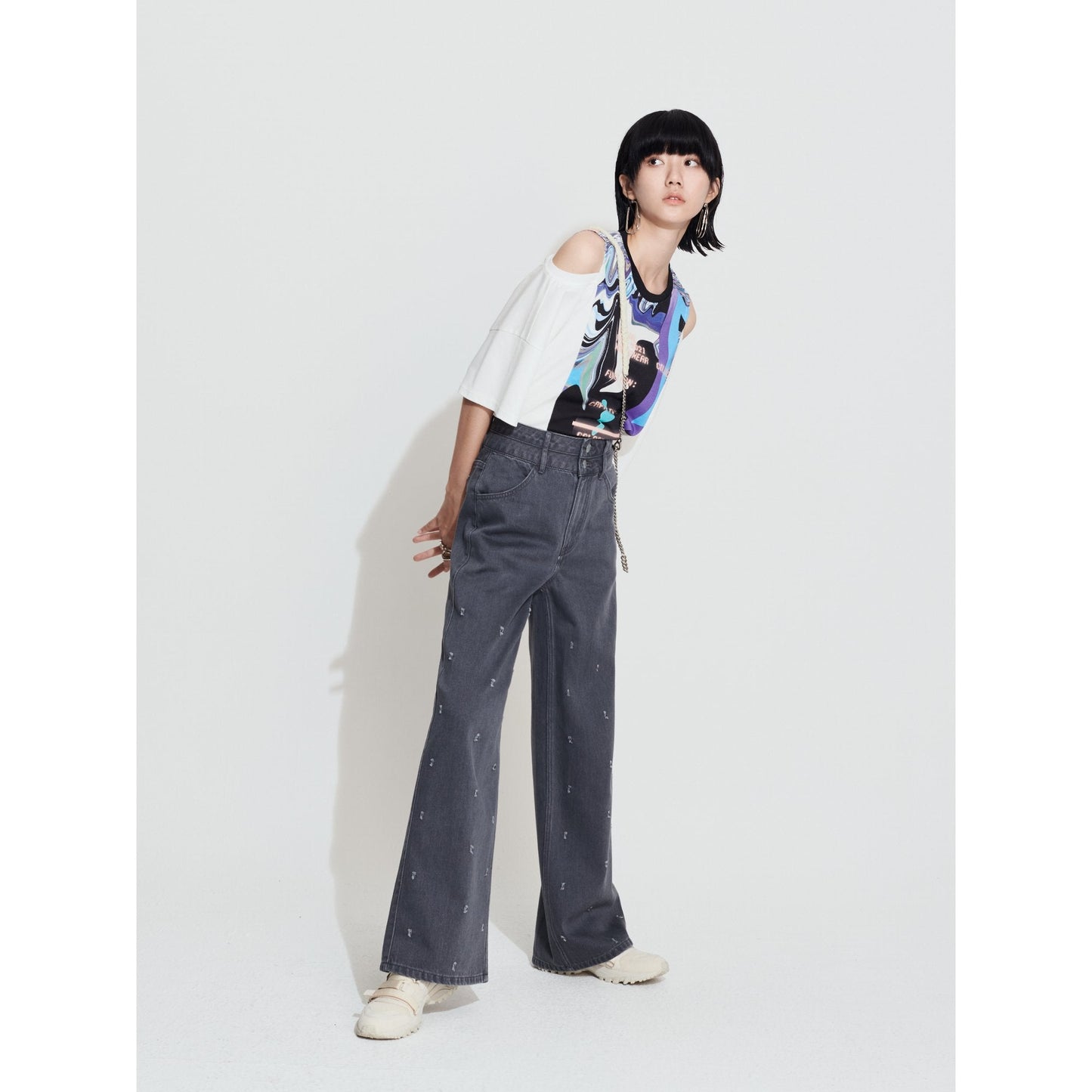 Women Punched Damage Wash Denim Pants - Charcoal