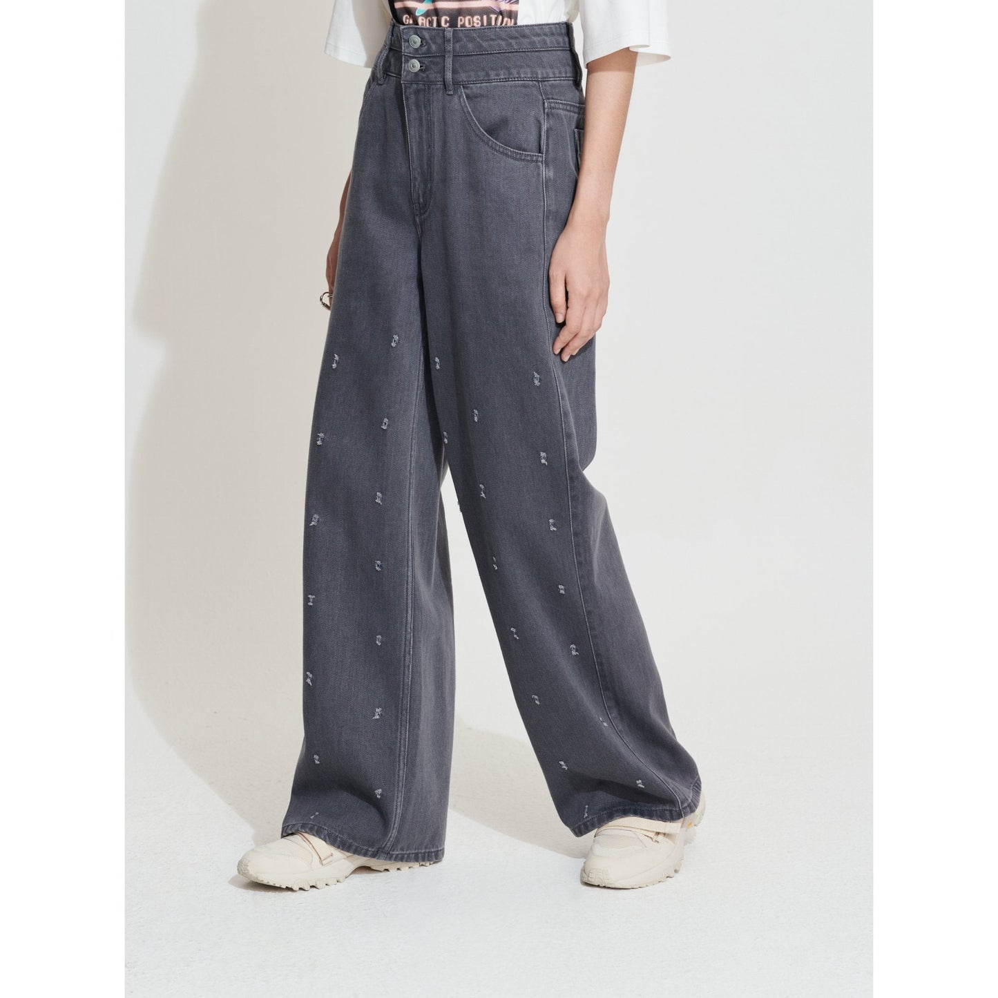 Women Punched Damage Wash Denim Pants - Charcoal