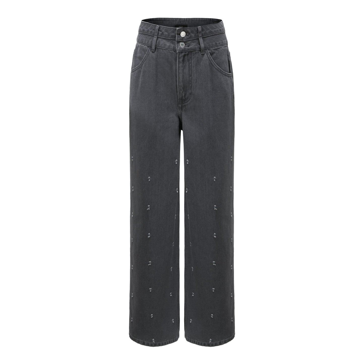 Women Punched Damage Wash Denim Pants - Charcoal