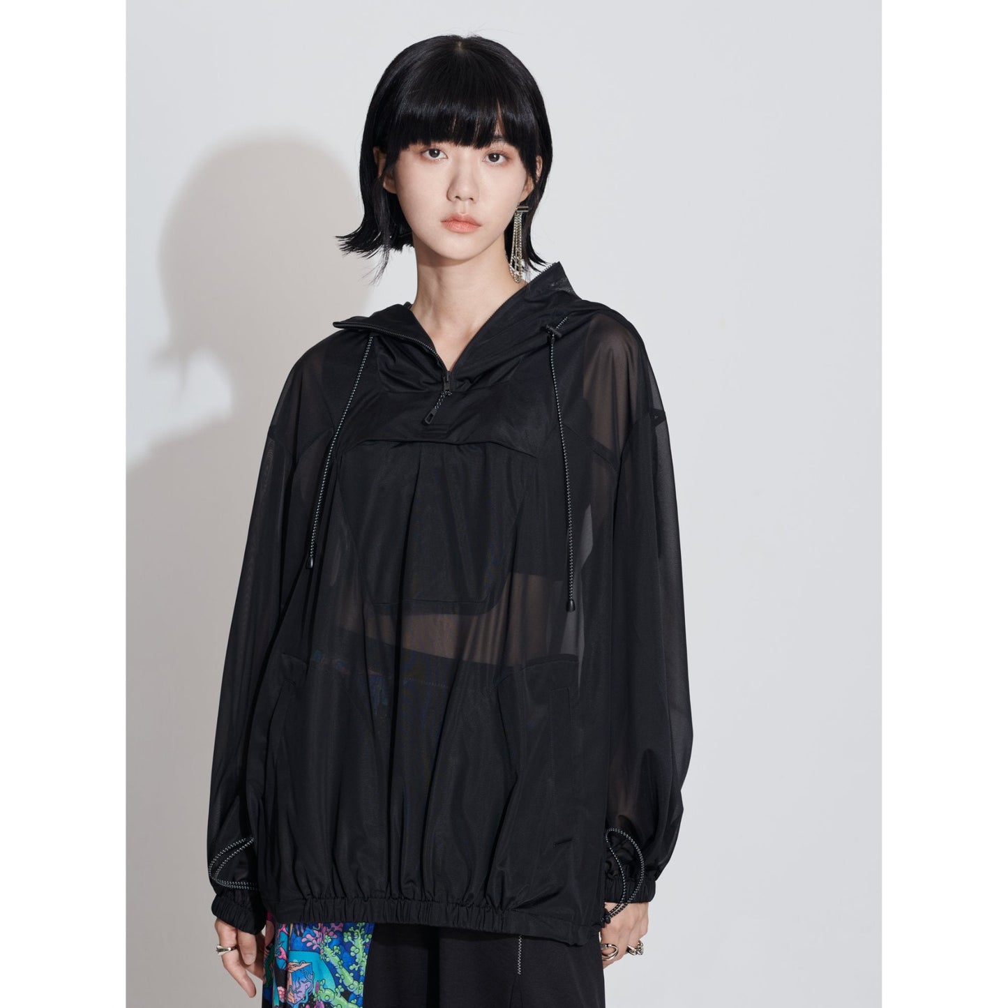 Women See Through Oversize Outdoor Smock - Black