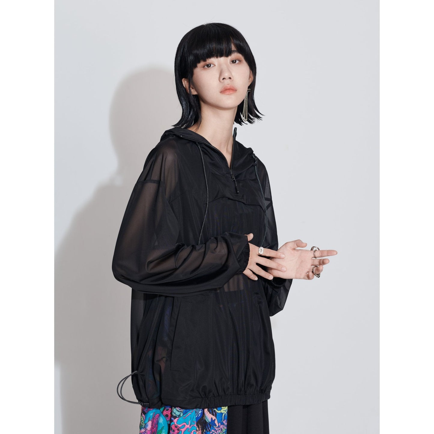 Women See Through Oversize Outdoor Smock - Black