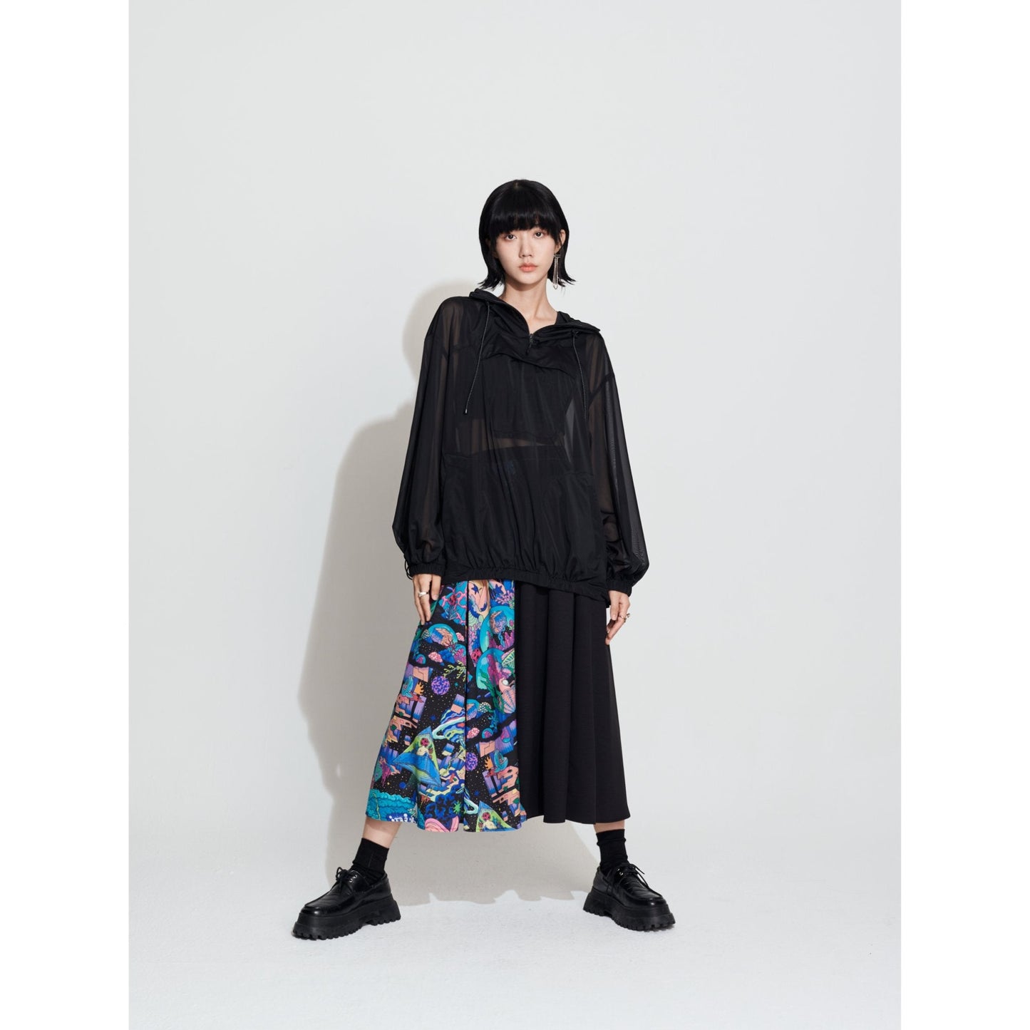 Women See Through Oversize Outdoor Smock - Black