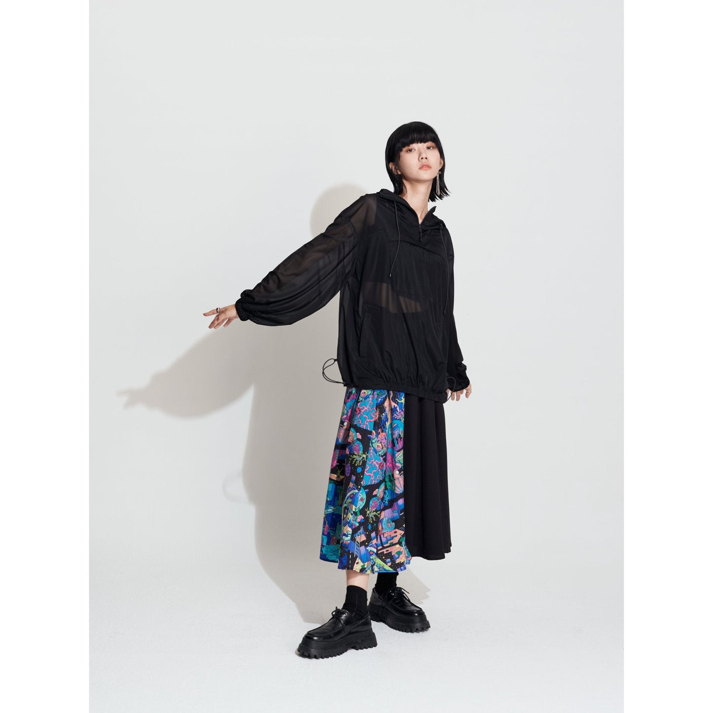 Women See Through Oversize Outdoor Smock - Black