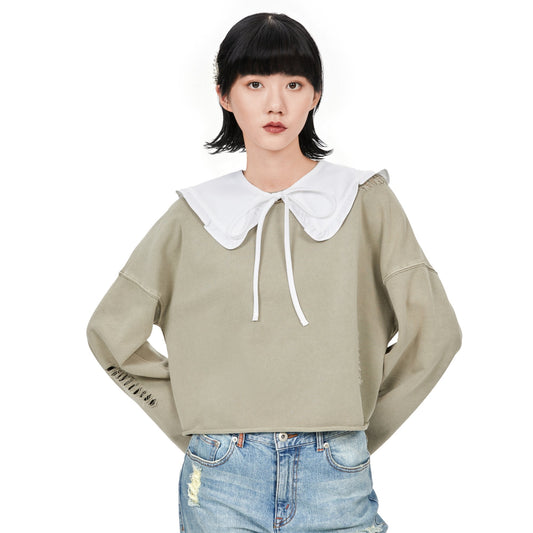 Women Detachable Ruffle Collar Sweatshirt - Beige