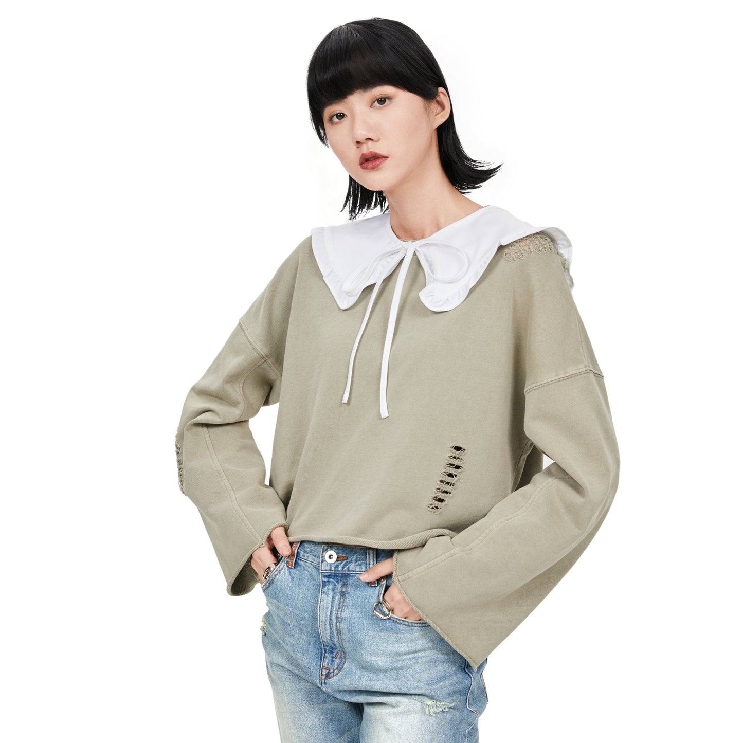 Women Detachable Ruffle Collar Sweatshirt - Beige