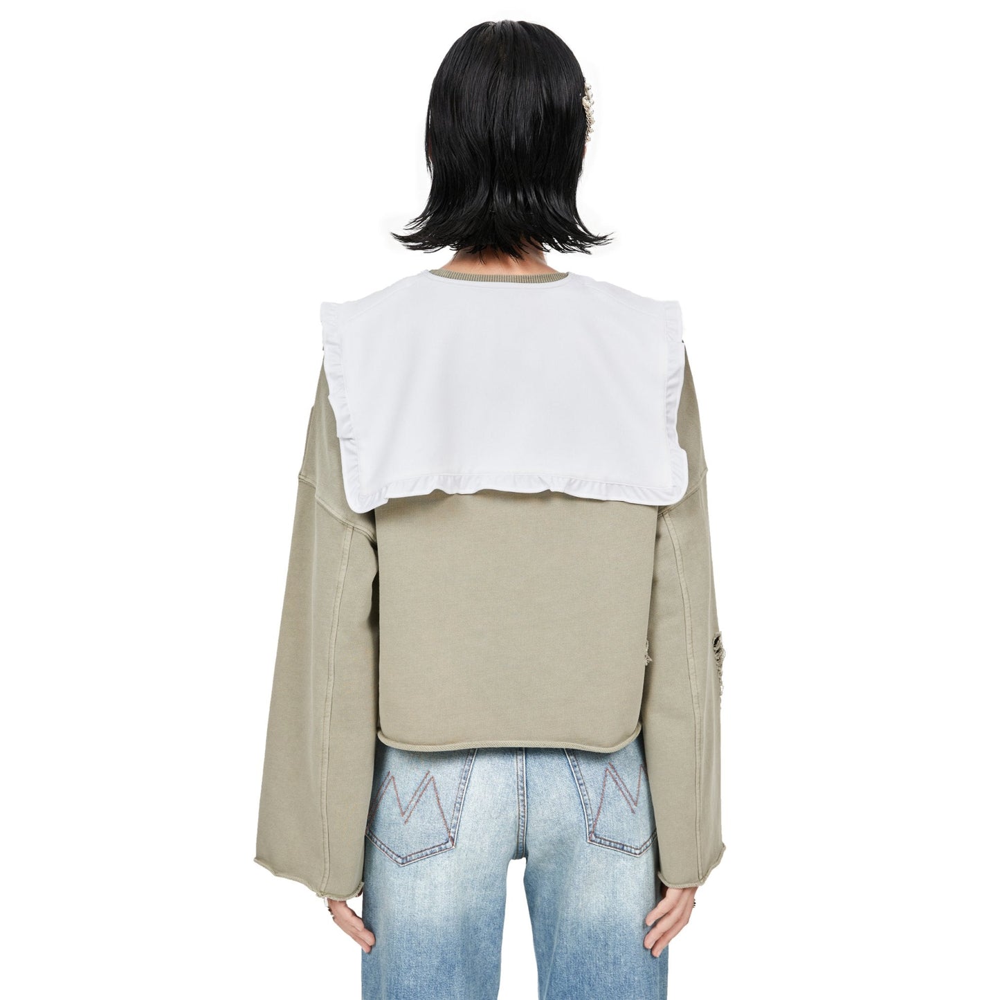 Women Detachable Ruffle Collar Sweatshirt - Beige