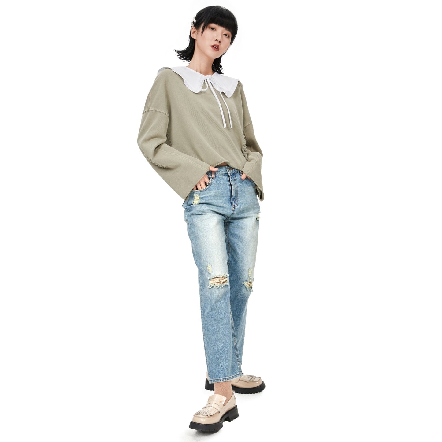 Women Detachable Ruffle Collar Sweatshirt - Beige