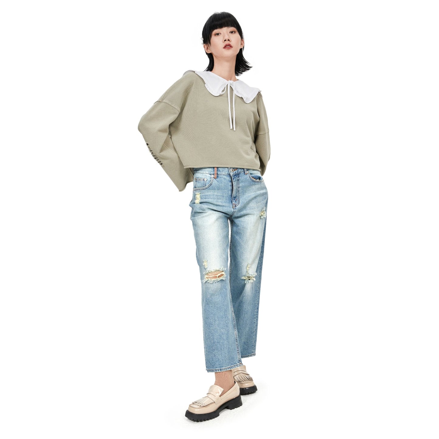 Women Detachable Ruffle Collar Sweatshirt - Beige