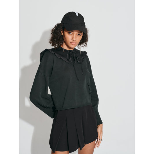 Women Detachable Ruffle Collar Sweatshirt - Black
