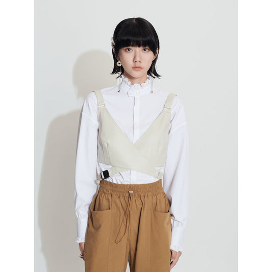 Women Faux Leather Cross Bra Top - Beige