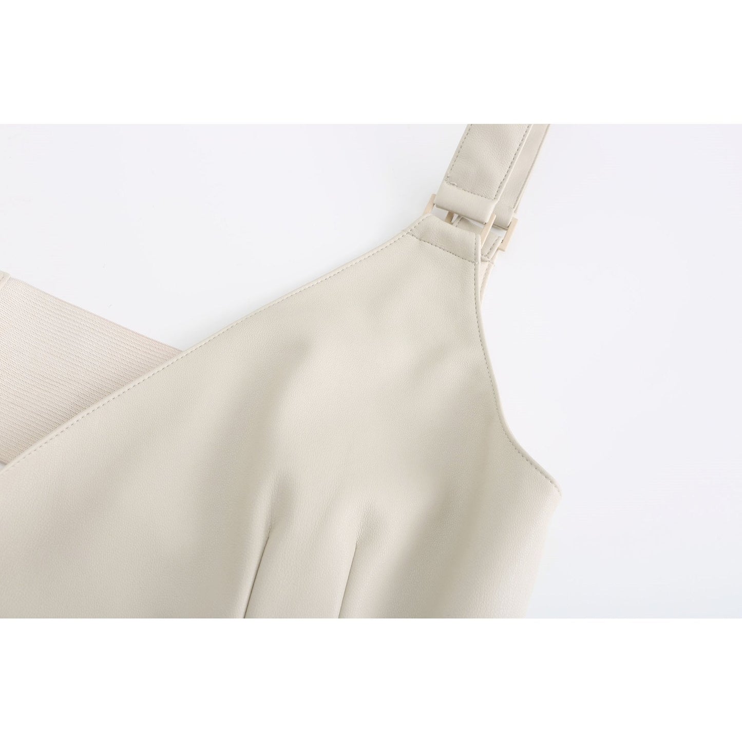Women Faux Leather Cross Bra Top - Beige