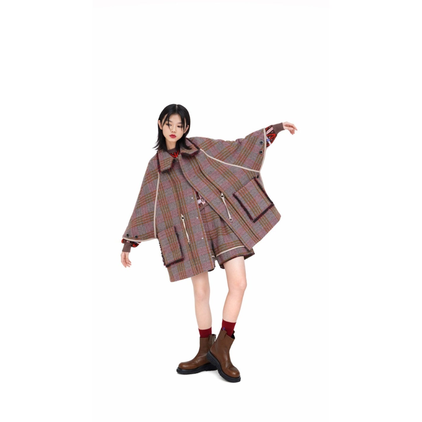 女用格紋斗篷夾克 - 格紋