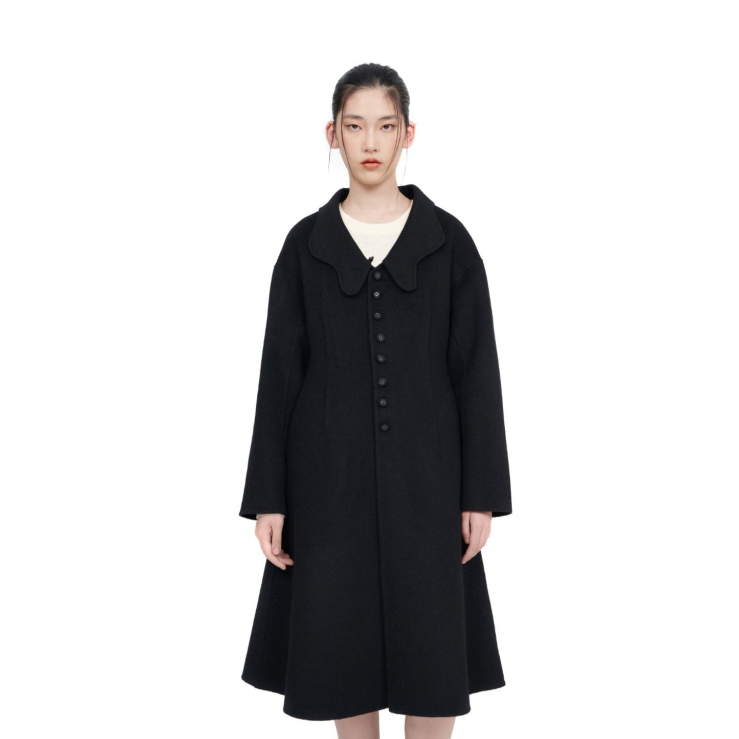 Women Notched Lapel Collar Coat - Black