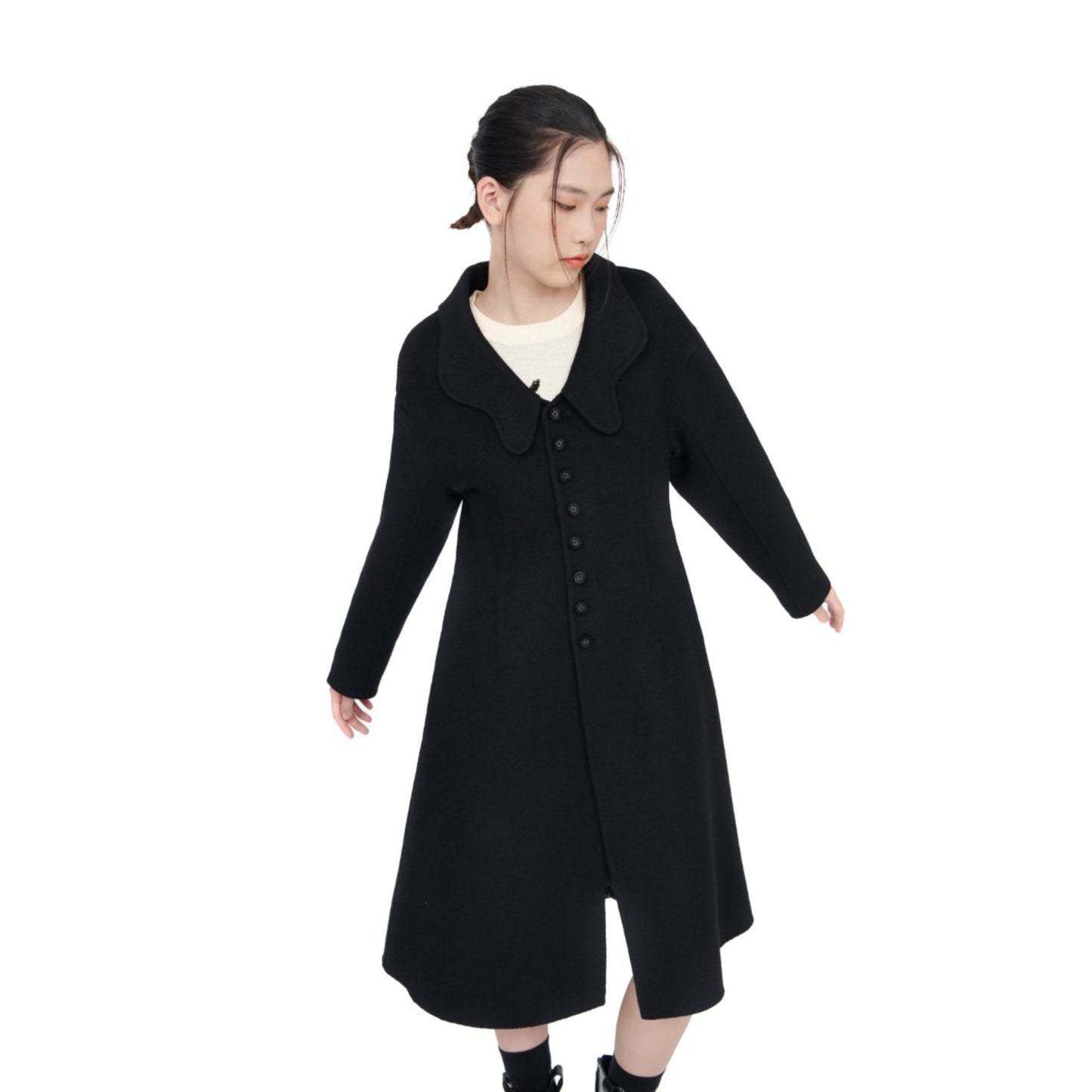 Women Notched Lapel Collar Coat - Black