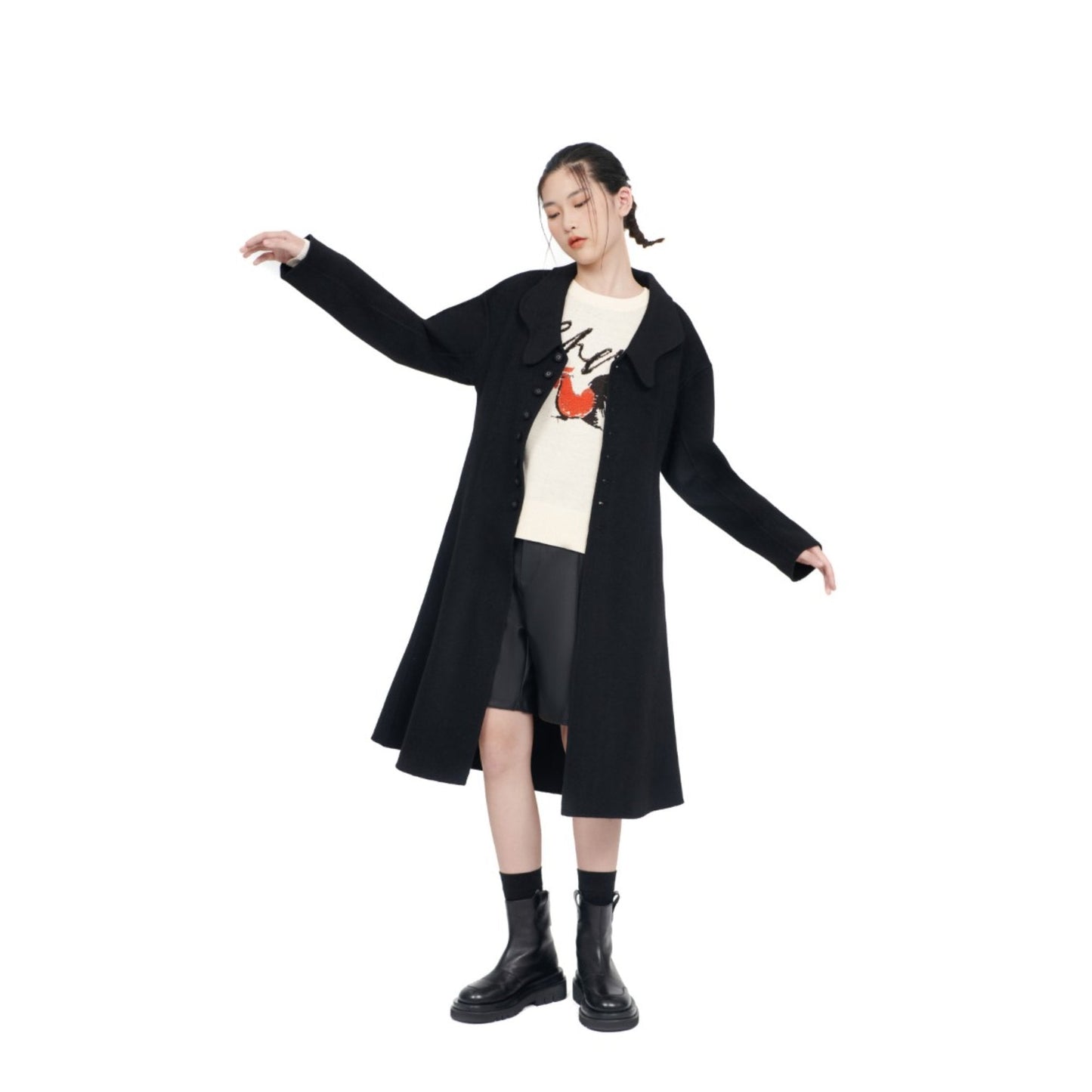 Women Notched Lapel Collar Coat - Black